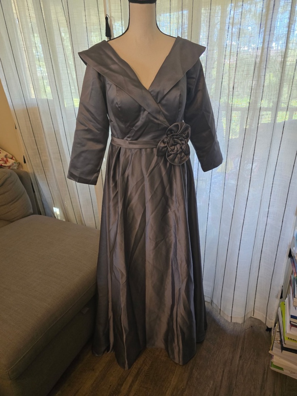 Classic Pewter Satin Maxi Dress with Floral Accent